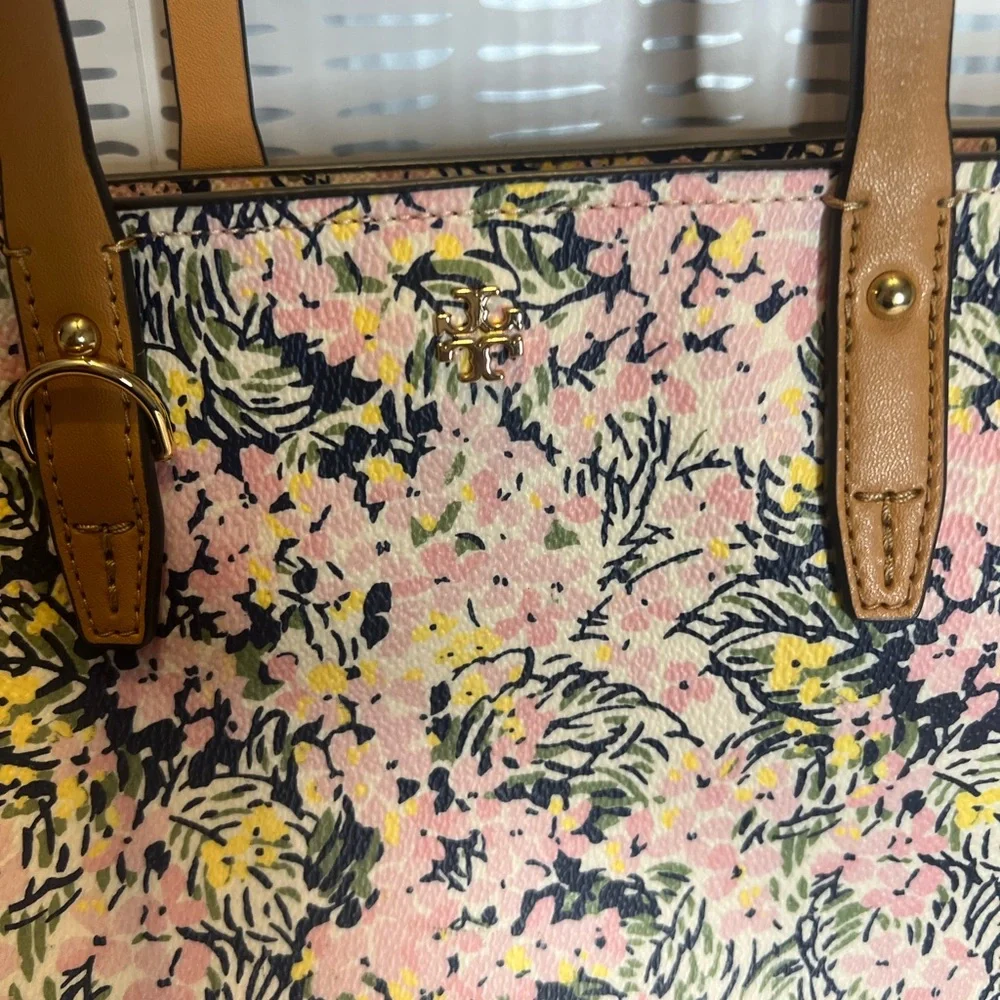 Tory Burch Pink Floral Tote with Tan Leather Trim